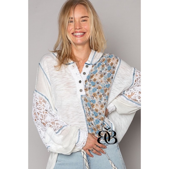 POL Tops - POL Ivory & Blue Floral Panel Lace Detail Half Button Hoodie Oversized